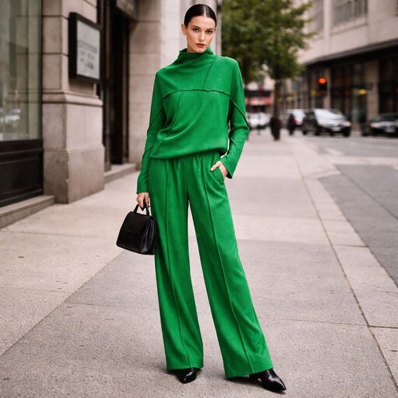 Pants - ✨Emerald Green Angora Blend Knit Set | Asymmetrical Top + Wide-Leg Pants Size M✨